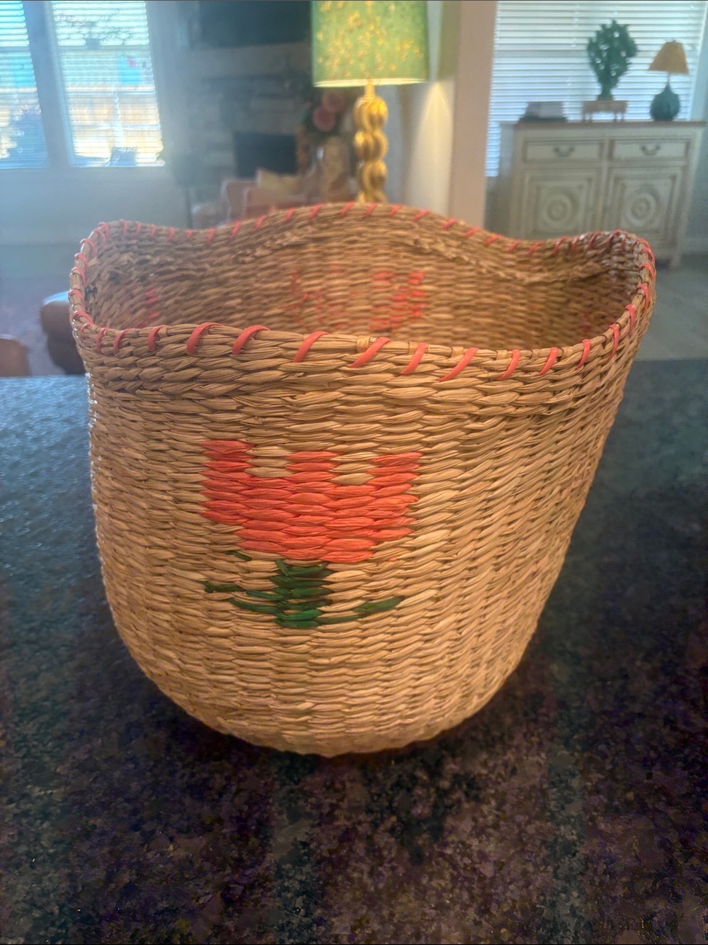 Pillowfort Natural Woven Basket with Coral Flower and Green Stem